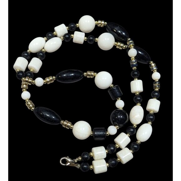 Retro Black White And Gold Tone Beaded Necklace - Picture 1 of 6